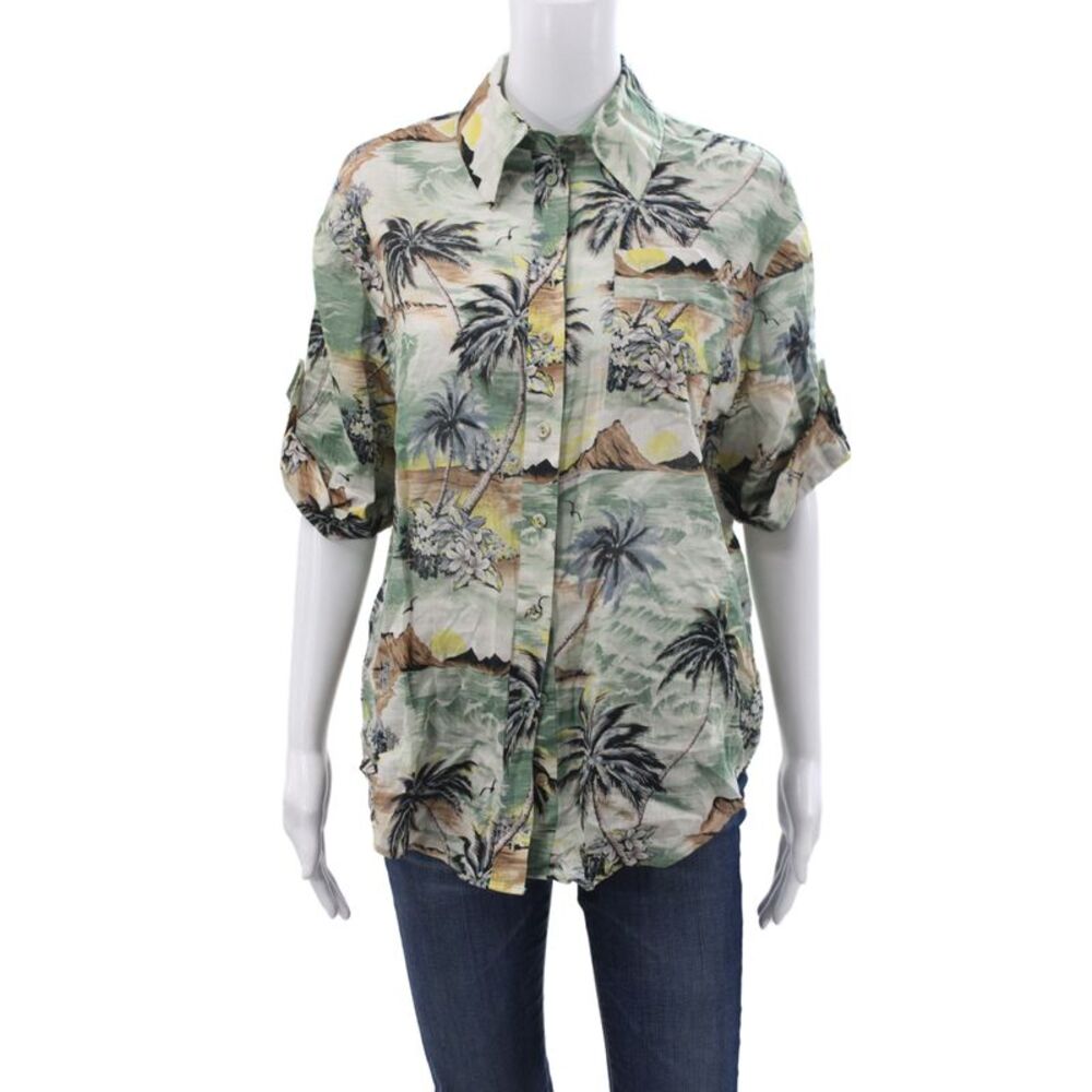 Zimmermann Women Floral Collared Cotton Short Sleeve Button-Up Top Green Size 0
